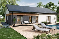 Одноэтажный дом прямоугольной формы.