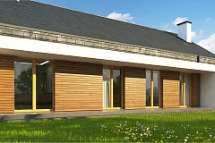 Современный дом с двускатной крышей на узком участке