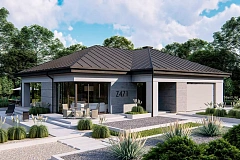 Одноэтажный современный проект дома с многоскатной крышей и гаражом на две машины.