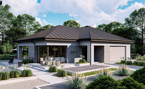 Одноэтажный современный проект дома с многоскатной крышей и гаражом на две машины.