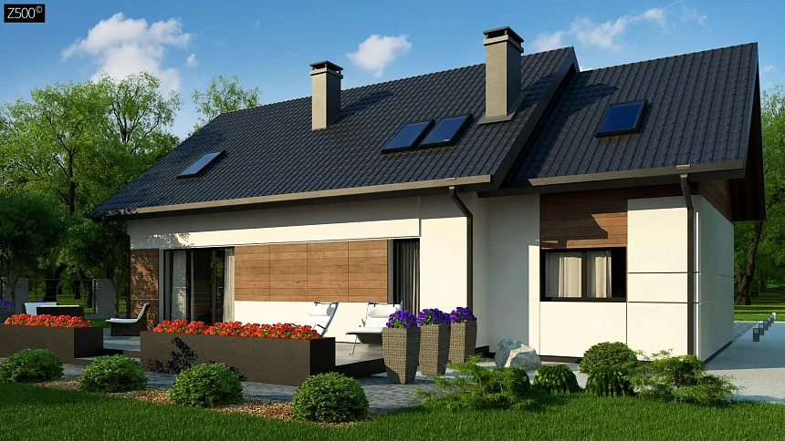 Красивый дом в традиционном стиле, с комнатой на первом этаже и гаражом.