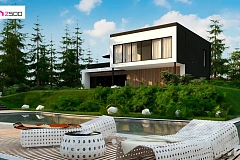 Проект просторного двухуровневого дома с оригинальным современным экстерьером.