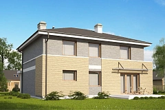Комфортабельный двухэтажный дом простого современного дизайна. Кирпичная облицовка фасадов.
