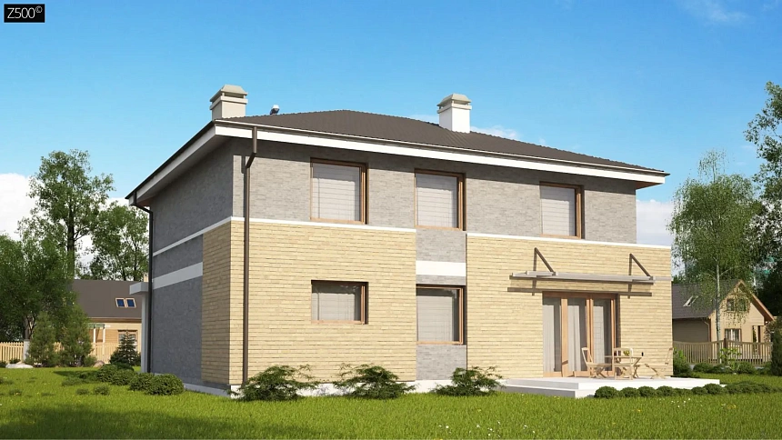 Комфортабельный двухэтажный дом простого современного дизайна. Кирпичная облицовка фасадов.