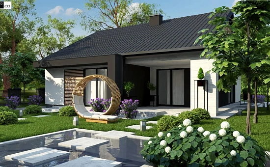 Проект дома с современным дизайном и одноуровневым функциональным интерьером.