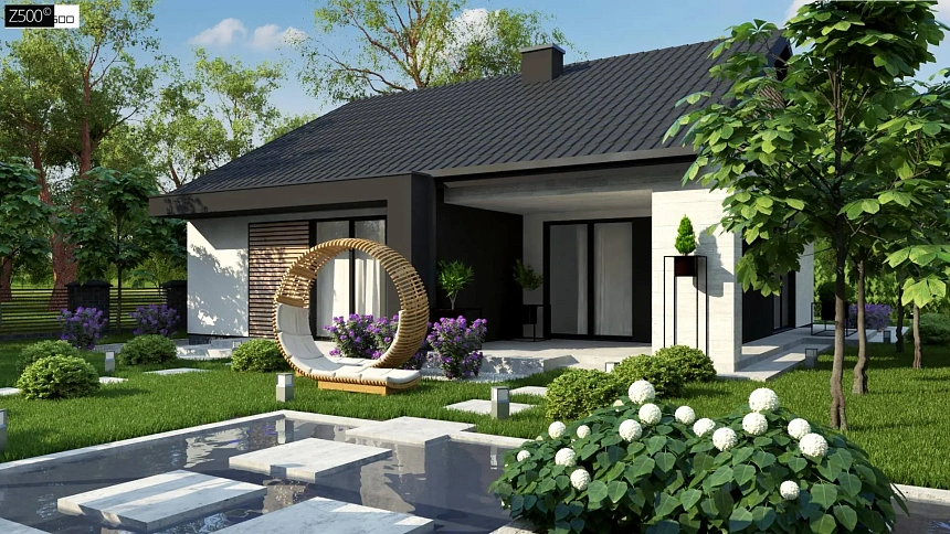 Проект дома с современным дизайном и одноуровневым функциональным интерьером.