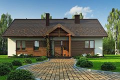 Аккуратный одноэтажный дом с деревянной отделкой на фасадах.