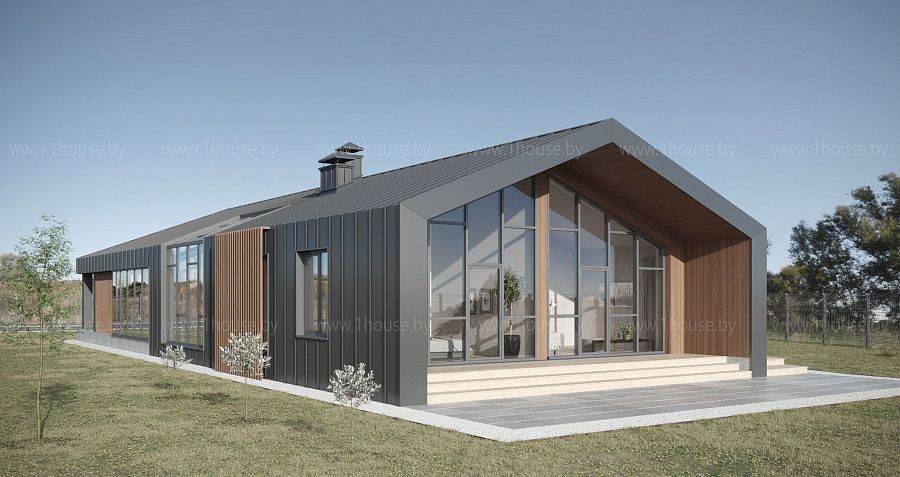 Одноэтажный дом в стиле Барнхаус, д. Шершуны