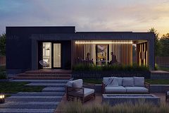 Одноэтажный дом с плоской кровлей и 2умя спальнями.