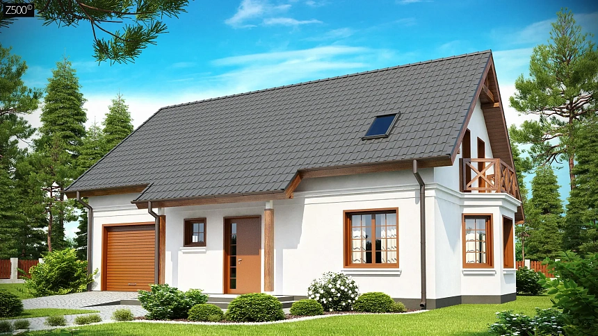 Элегантный дом простой формы со встроенным гаражом, эркером и балконом над ним.