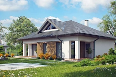 Проект комфортного одноэтажного дома с оригинальными фасадными окнами на чердаке.