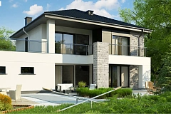 Коттедж в современном стиле с гаражом на две машины и террасой на втором этаже