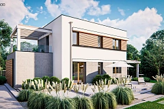 Современный элегантный дом с гостиной с фронтальной стороны.