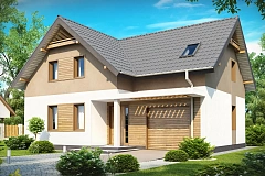 Проект удобного функционального дома с мансардой и гаражом T-образной формы.