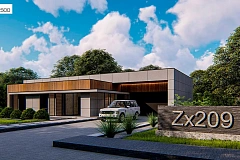 Современный одноэтажный дом c плоской кровлей и просторным гаражом для двух автомобилей.