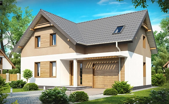 Проект удобного функционального дома с мансардой и гаражом T-образной формы.