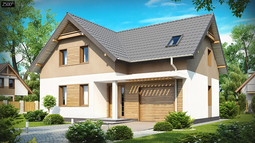 Проект удобного функционального дома с мансардой и гаражом T-образной формы.