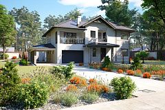 Двухэтажный просторный дом с множеством комнат, гаражом и навесом.