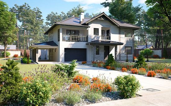 Двухэтажный просторный дом с множеством комнат, гаражом и навесом.