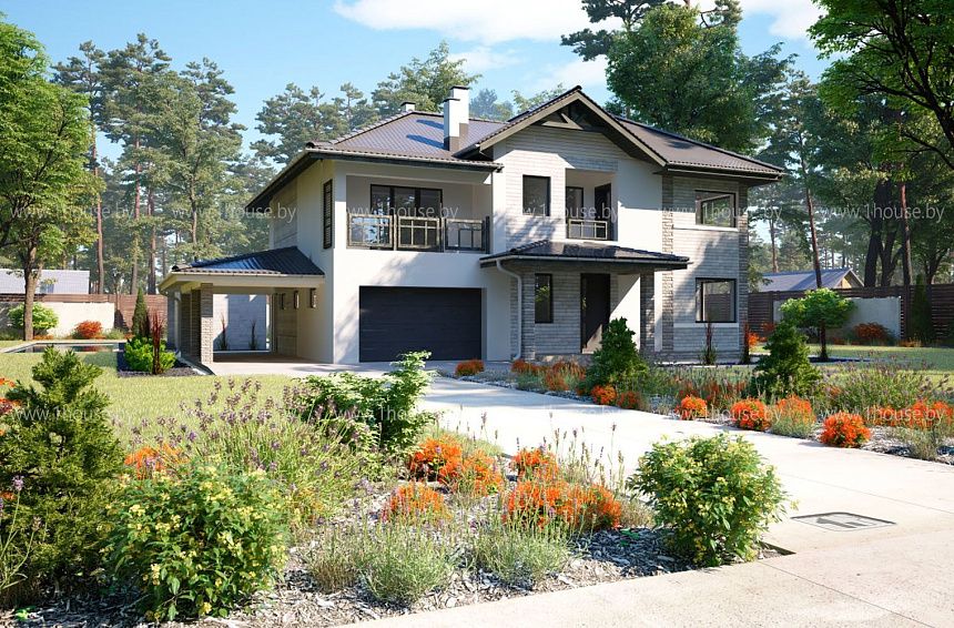 Двухэтажный просторный дом с множеством комнат, гаражом и навесом.