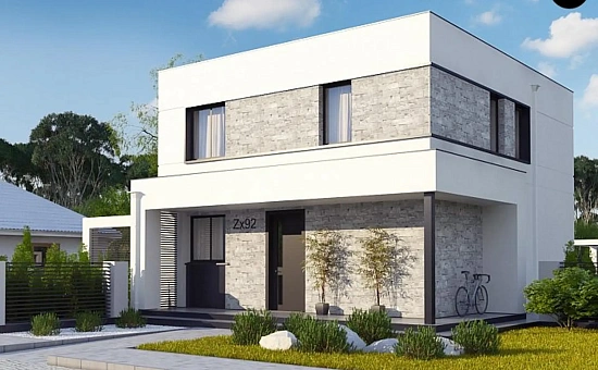 Вариант двухэтажного дома Zx92 с плоской кровлей  с плитами перекрытия