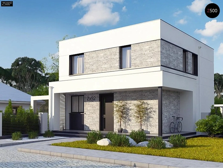 Вариант двухэтажного дома Zx92 с плоской кровлей  с плитами перекрытия