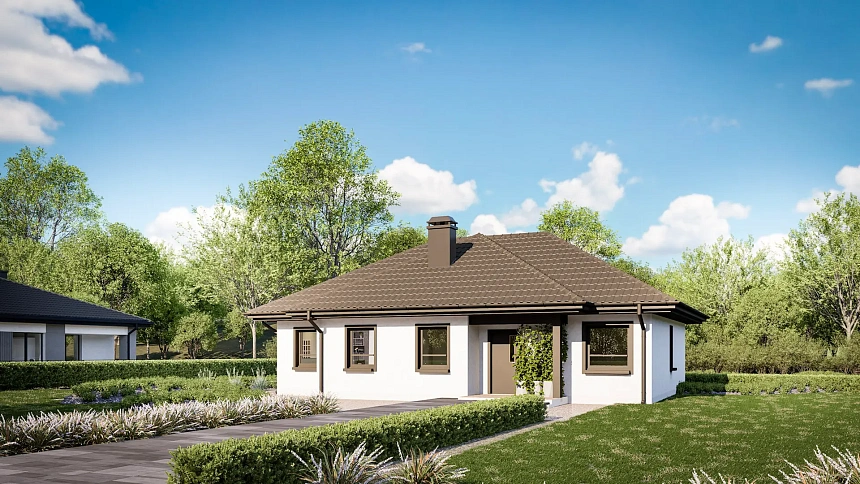 Компактный и удобный одноэтажный дом с многоскатной крышей.