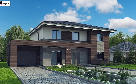 Проект двухэтажного дома простой формы с боковым гаражом и сауной