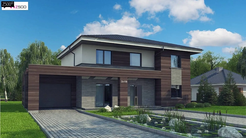 Проект двухэтажного дома простой формы с боковым гаражом и сауной