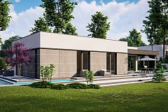 Современный одноэтажный дом с внешним камином