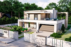 Современный двухэтажный дом с плоской крышей и гаражом на 2 машины.