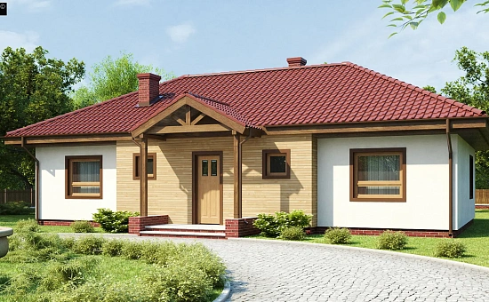 Симметричный одноэтажный дом с многоскатной кровлей.