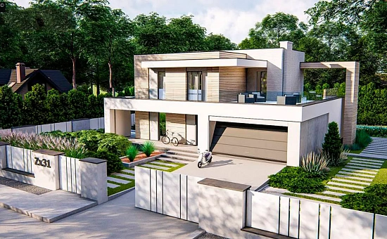 Современный двухэтажный дом с плоской крышей и гаражом на 2 машины.