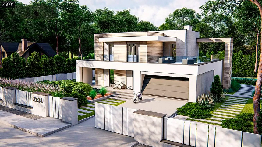 Современный двухэтажный дом с плоской крышей и гаражом на 2 машины.