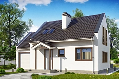 Компактный дом с гаражом для одной машины, с большими окнами в гостиной.