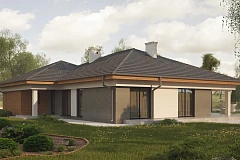 Одноэтажный просторный дом с эркером и крытой террасой.