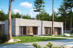 Одноэтажный дом с плоской крышей, со светлым функциональным интерьером и гаражом.