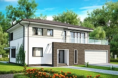 Практичный двухэтажный дом простой формы&nbsp;&nbsp;с низкой крышей, с гаражом для двух автомобилей.