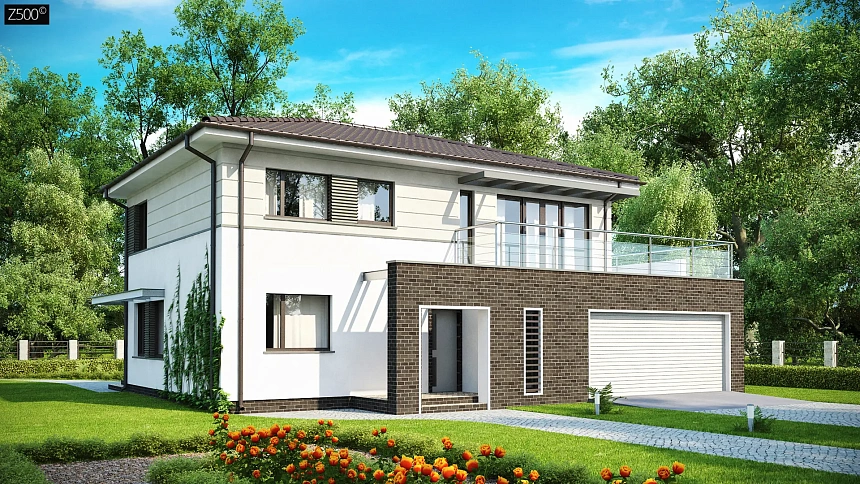 Практичный двухэтажный дом простой формы&nbsp;&nbsp;с низкой крышей, с гаражом для двух автомобилей.