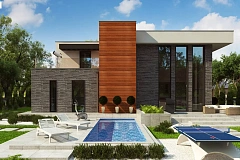 Проект двухэтажного дома в современном стиле с гаражом для двух машин и просторной террасой&nbsp;&nbsp;над ним.