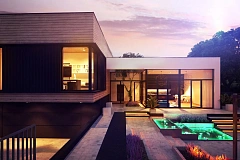 Проект современного дома с плоской кровлей и подземным гаражом.