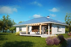 Практичный одноэтажный дом традиционной формы с многоскатной крышей.