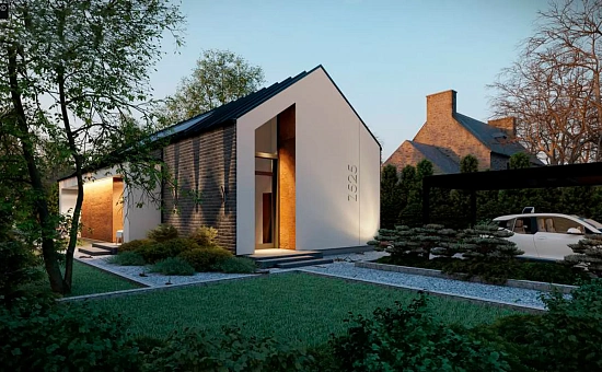 Проект дома для узкого участка с большим остеклением из сада.