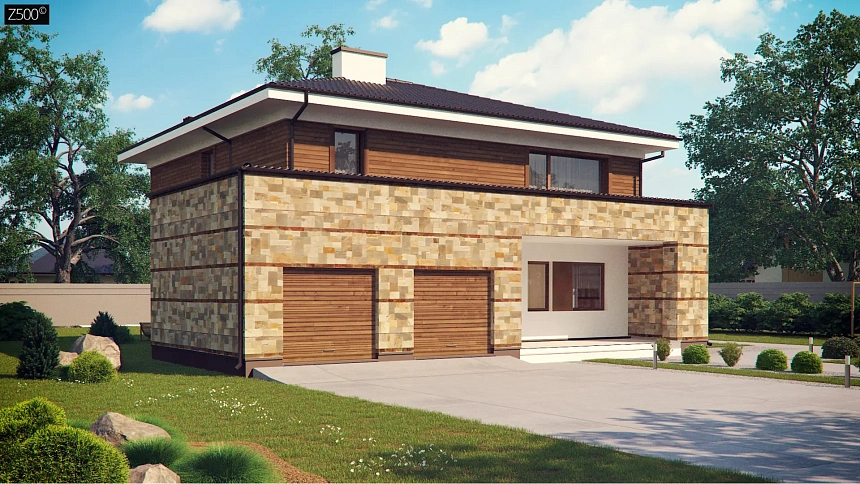 Проект двухэтажного дома с гаражом для двух авто, с баней