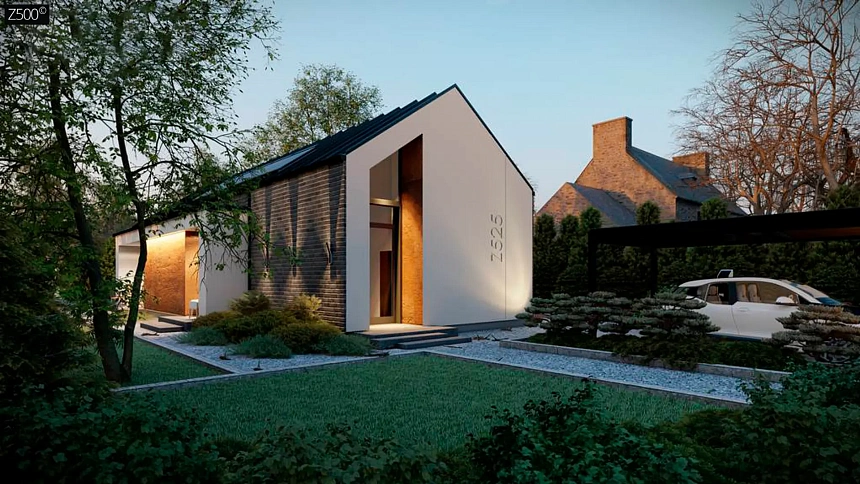 Проект дома для узкого участка с большим остеклением из сада.