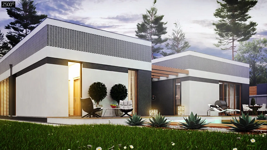 Проект дома в современном стиле с закрытой террасой