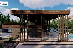 Современный двухэтажный дом с плоской кровлей и навесом для автомобиля