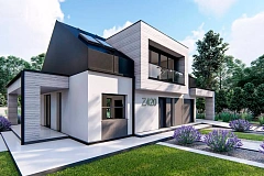 Современный дом с двускатной крышей, мансардными окнами и навесом для гаража