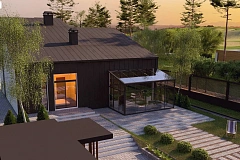 Проект современного двухэтажного дома с оригинальным экстерьером и гаражом на один автомобиль.