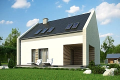 Проект дома с мансардой, террасой на первом этаже и гаражом на одну машину.